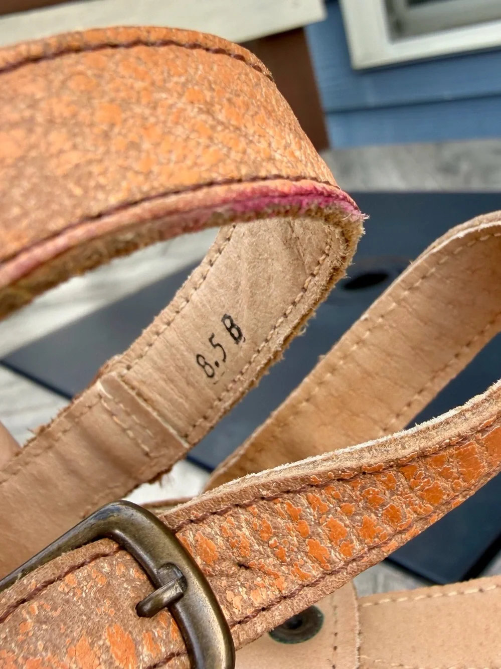 Bed Stu Juliana Sandals Sz 8.5B Strappy Wooden Platform Distressed Orange Rustic
